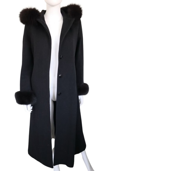 Marvin Richard’s Vintage 100% Lamb’s WoolBlack Fox Fur-Trimmed Long Coat